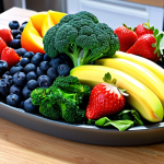 **"A vibrant and colorful fruit and vegetable platter, overflowing with blueberries, strawberries, spinach, and broccoli. Focus on the freshness and visual appeal of the antioxidants, presented in a kitchen setting."**