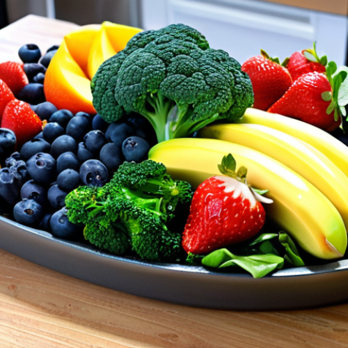 **"A vibrant and colorful fruit and vegetable platter, overflowing with blueberries, strawberries, spinach, and broccoli. Focus on the freshness and visual appeal of the antioxidants, presented in a kitchen setting."**