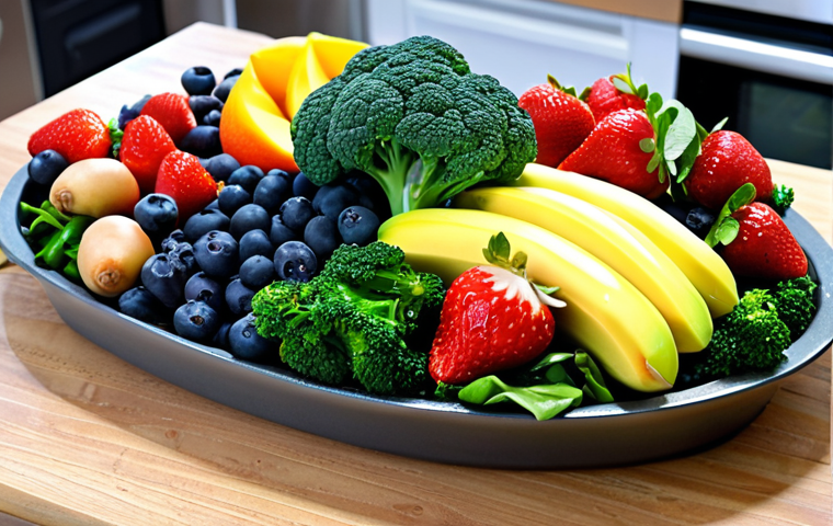 **"A vibrant and colorful fruit and vegetable platter, overflowing with blueberries, strawberries, spinach, and broccoli. Focus on the freshness and visual appeal of the antioxidants, presented in a kitchen setting."**
