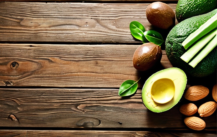 **Brain Fuel:** A vibrant still life featuring avocados, olive oil, almonds, and leafy green vegetables arranged on a rustic wooden table. Sunlight streams in, highlighting the textures and colors of the healthy fats and nutrient-rich foods. The overall mood is one of energy and cognitive clarity.