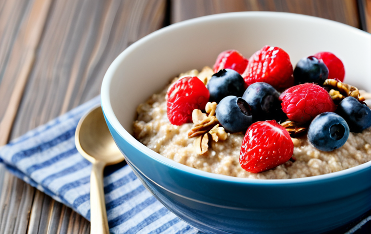 주말에 해볼 뇌 건강 요리법 - Nutritious Breakfast**

A vibrant, close-up shot of a bowl of oatmeal topped with fresh red berries ...