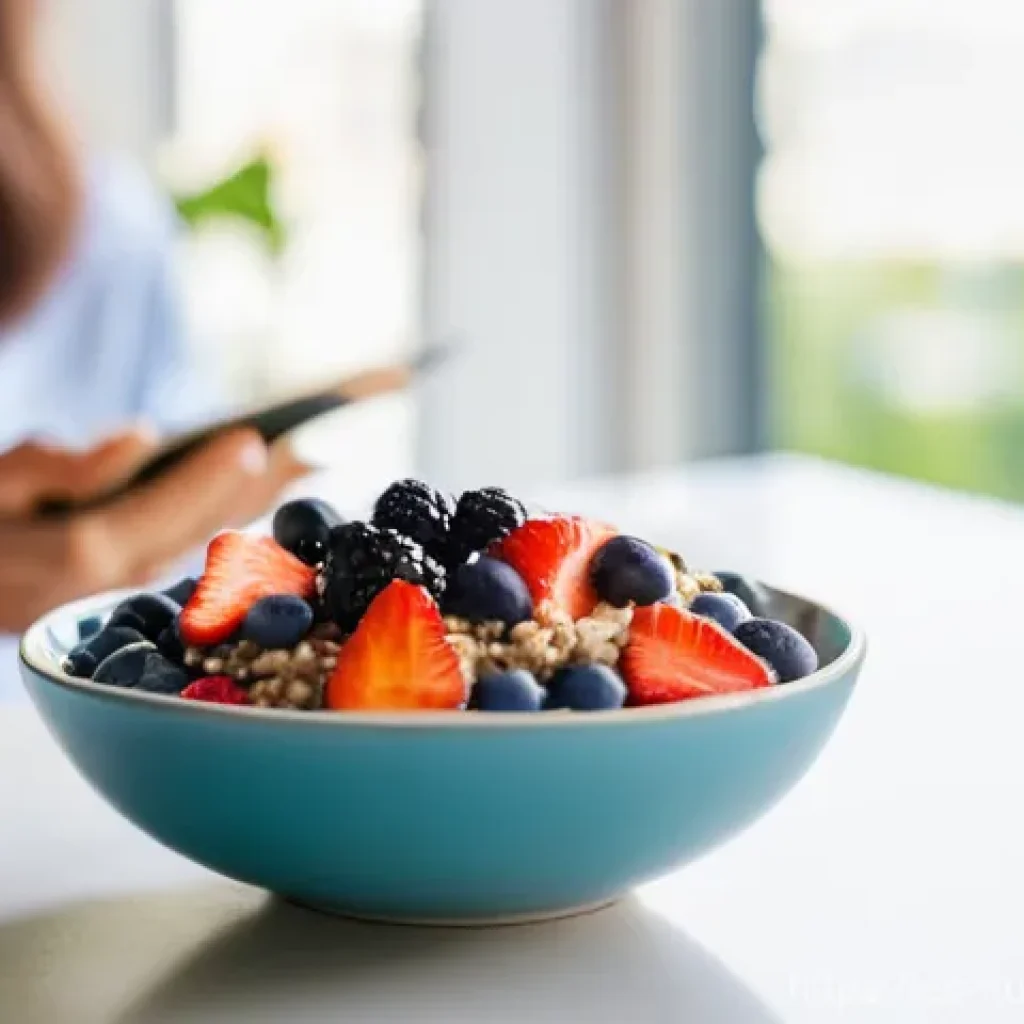 뇌 건강을 위한 식단 구성 방법 - **Prompt:** A bright and vibrant close-up shot of a healthy breakfast bowl. The bowl contains colorf...