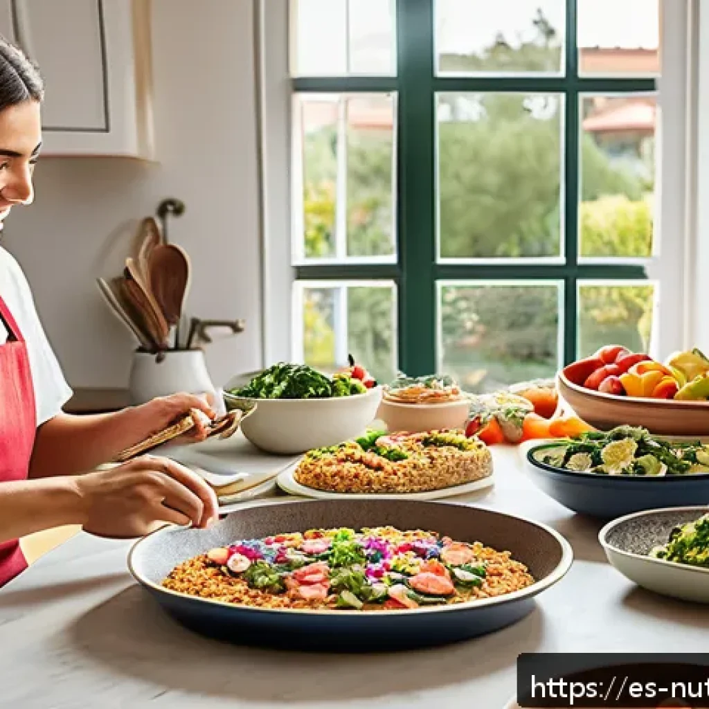 체중을 줄이면서 뇌 건강 유지하기 - A vibrant, detailed kitchen scene showing a Spanish family preparing a healthy weekly meal plan toge...