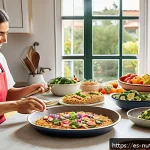Home 17 체중을 줄이면서 뇌 건강 유지하기 - A vibrant, detailed kitchen scene showing a Spanish family preparing a healthy weekly meal plan toge...