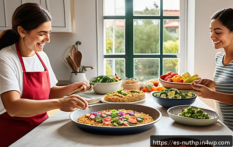 체중을 줄이면서 뇌 건강 유지하기 - A vibrant, detailed kitchen scene showing a Spanish family preparing a healthy weekly meal plan toge...