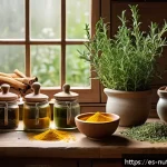 Home 16 뇌 기능 향상을 위한 허브와 향신료 - A cozy kitchen scene bathed in warm natural light, featuring a rustic wooden table with steaming cup...