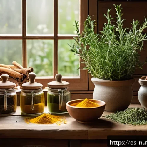 Home 26 뇌 기능 향상을 위한 허브와 향신료 - A cozy kitchen scene bathed in warm natural light, featuring a rustic wooden table with steaming cup...