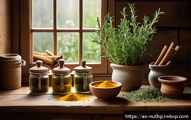뇌 기능 향상을 위한 허브와 향신료 - A cozy kitchen scene bathed in warm natural light, featuring a rustic wooden table with steaming cup...