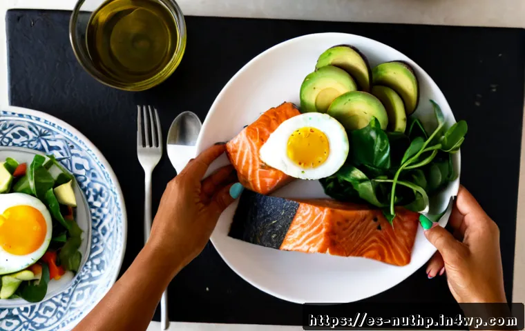 Home 15 뇌 건강을 위한 저탄수화물 다이어트 - Photorealistic overhead kitchen table scene for brain-friendly low-carbohydrate eating, grilled salm...